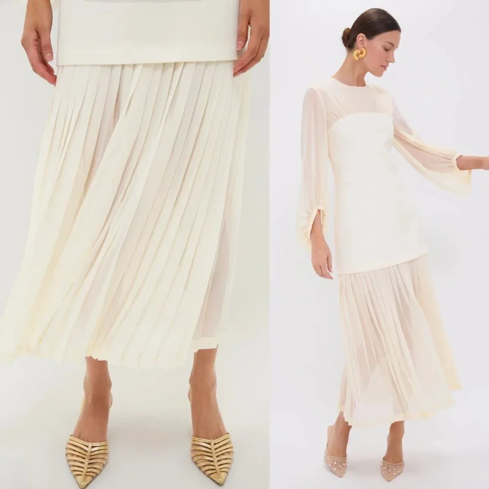 Tuckernuck Lorraine Dress Ivory Chiffon Pleated Drop Waist Bridal NWT Size M - Picture 2 of 10